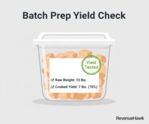 RevenueHawk image showing standardized batch prep label showing the importance of tracking raw to cooked yields.