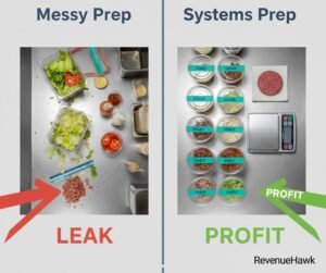 RevenueHawk comparison of unorganized kitchen prep versus a standardized recipe engineering system to stop food cost leaks.