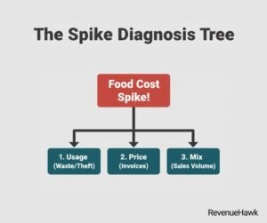 RevenueHawk image of decision tree for identifying the cause of sudden spikes in restaurant food costs.