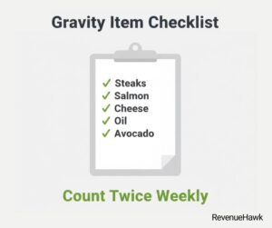 RevenueHawk image of a checklist of high-value gravity items that drive the majority of restaurant food cost.