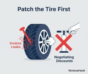 RevenueHawk metaphorical illustration showing that fixing invoice leaks is more important than negotiating new discounts.