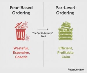 RevenueHawk comparison of fear-based over-ordering versus systematic par-level ordering.