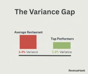 RevenueHawk infographic showing the 6.4 percent median plate cost variance in casual dining versus top-performing restaurants.