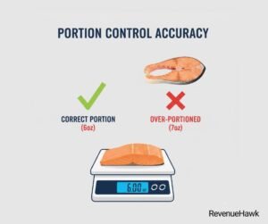 RevenueHawk infographic of digital scale showing the difference between correct portions and over-portioning.