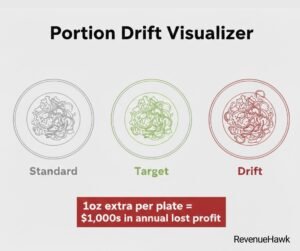 RevenueHawk visual showing how slight over-portioning leads to significant food cost variance.
