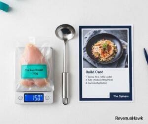 A RevenueHawk image of essential tools for restaurant portion control including scales, standardized ladles, and recipe build cards.