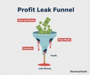 RevenueHawk infographic showing how prep-related waste and labor leaks reduce restaurant profit margins.