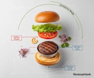 RevenueHawk infographic of a deconstructed burger showing recipe engineering components like portion control and margin analysis using RevenueHawk brand colors.