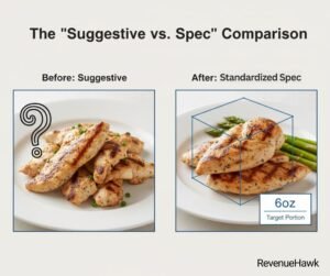 RevenueHawk image showing comparison of an unstandardized portion versus a documented recipe spec with photo standards.