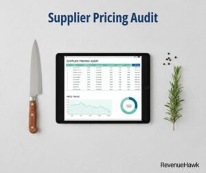 Professional restaurant procurement planning by RevenueHawk with digital spreadsheet and kitchen tools.