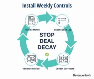 RevenueHawk diagram showing weekly system for preventing price creep and monitoring restaurant vendor performance.