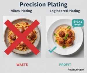 RevenueHawk side-by-side comparison of an over-portioned dish versus a profit-engineered plate with standardized garnish.