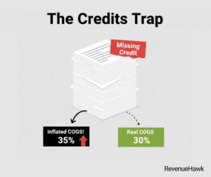 RevenueHawk visual showing how missing vendor credits can make food cost percentages look worse than they are.
