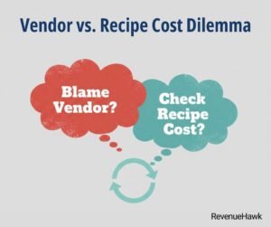 RevenueHawk graphic of thought bubbles representing the decision between blaming vendors or checking recipe costs for food spikes.