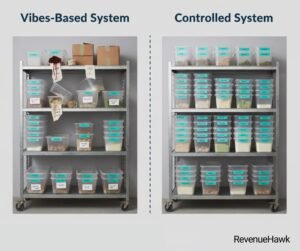 RevenueHawk comparison graphic showing disorganized vs. organized restaurant inventory shelves.