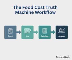 A RevenueHawk 4-step workflow for creating a weekly food cost tracking system.