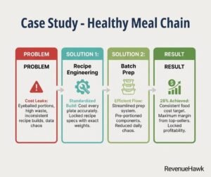 RevenueHawk infographic outlining the four steps of healthy meal chain case study: problem, recipe engineering, batch prep, and results.