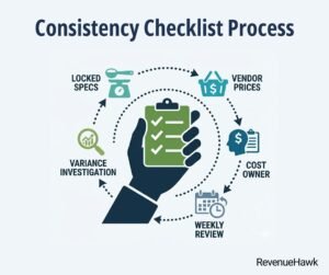 RevenueHawk consistency checklist and icons representing locked specs, vendor prices, cost owner, weekly review, and variance investigation.