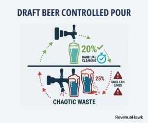 RevenueHawk flat design infographic illustrating draft beer loss and waste control.
