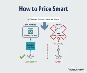 RevenueHawk infographic contrasting eyeball portions with standard portions, labeling the former a lottery.