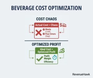 RevenueHawk infographic comparing "Cost Chaos" (actual cost with waste and pour errors) against "Optimized Profit" (ideal cost resulting in profit margin efficiency).