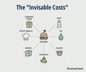 RevenueHawk infographic listing invisible restaurant costs like oil, salt, garnish, bread, and staff meals.