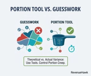 RevenueHawk infographic showing comparison of using portion tools versus guesswork in kitchen management.