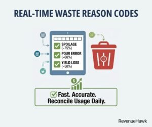 RevenueHawk infographic of a waste bin and digital log for real-time restaurant waste tracking.