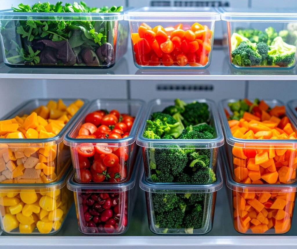 Clear containers of prepped vegetables organized on refrigerator shelves for restaurant inventory and kitchen storage.