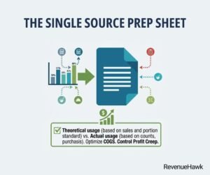 RevenueHawk infographic showing a restaurant prep sheet tied to sales forecasting.