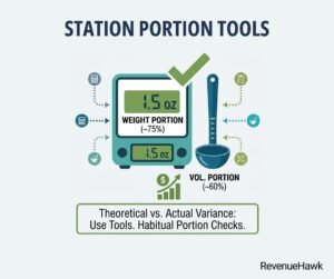 RevenueHawk infographic portion tools including a scale and ladle for kitchen consistency.