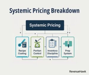 RevenueHawk flat design breakdown of systemic pricing into recipe costing, portion control, inventory discipline, and prep systems.