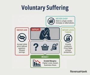 RevenueHawk infographic of frustrated person illustrating the concept of voluntary suffering in negotiation.
