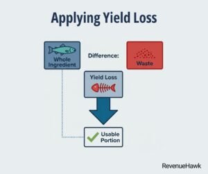 RevenueHawk infographic explaining the difference between whole ingredients and usable portions due to yield loss.